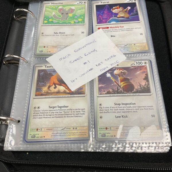Pokemon card binder open showing cards and handwritten note.