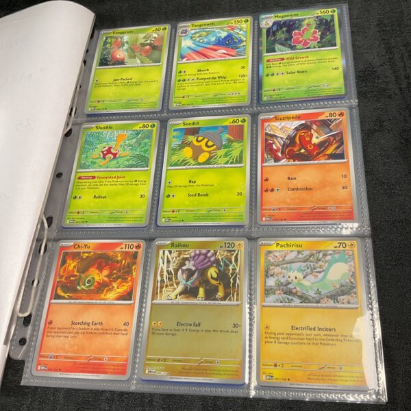 Front view of Pokemon Mega Evolution card folder with various cards visible.