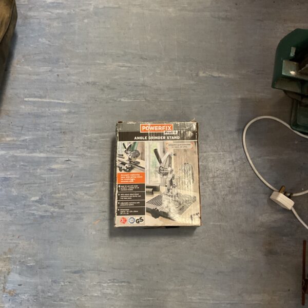 Powerfix Profi angle grinder stand for metalworking and workshop use.