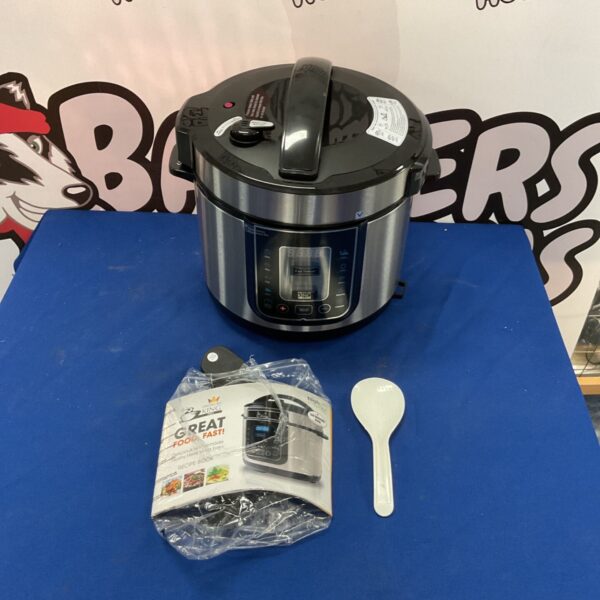 Stainless steel Pressure King Pro pressure cooker with digital display.
