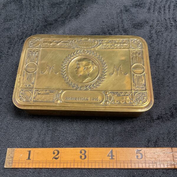 Original Princess Mary Christmas Gift Tin from WWI, embossed details.