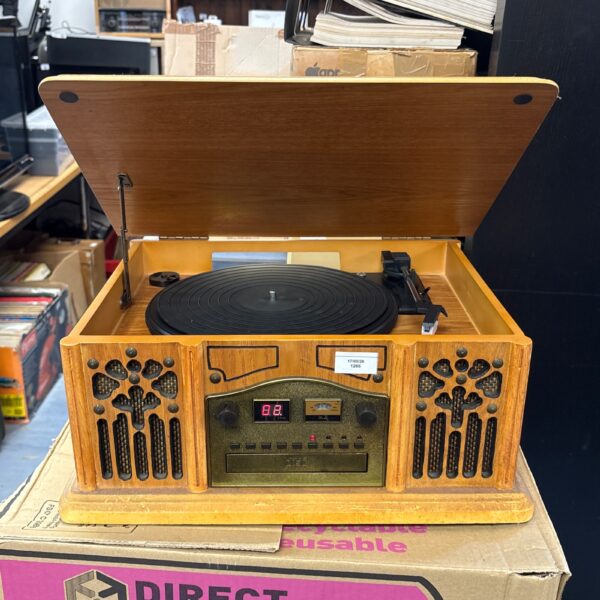 Prolectrix retro music center with turntable and wooden cabinet.
