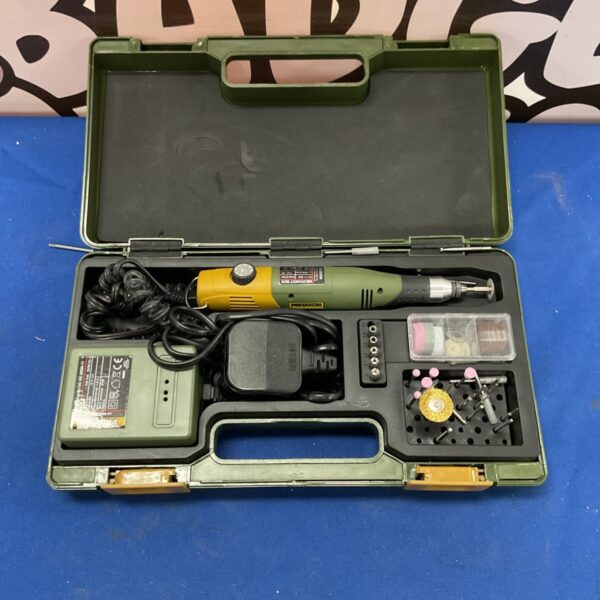 Open Proxxon engraving tool set with accessories inside case.