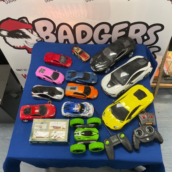 Lot of colourful remote control cars for collectors and hobbyists.