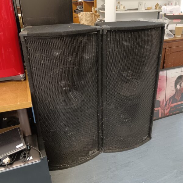 Pair of vintage R C L 2x15 speakers with metal grilles.