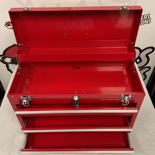Red metal tool chest with three drawers and a locking mechanism.