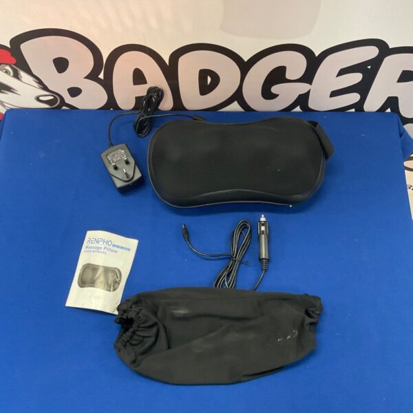 Renpho massage pillow with power adapter shown in detail.
