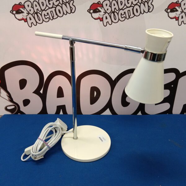 White retro rocket table lamp, vintage mid-century modern design.