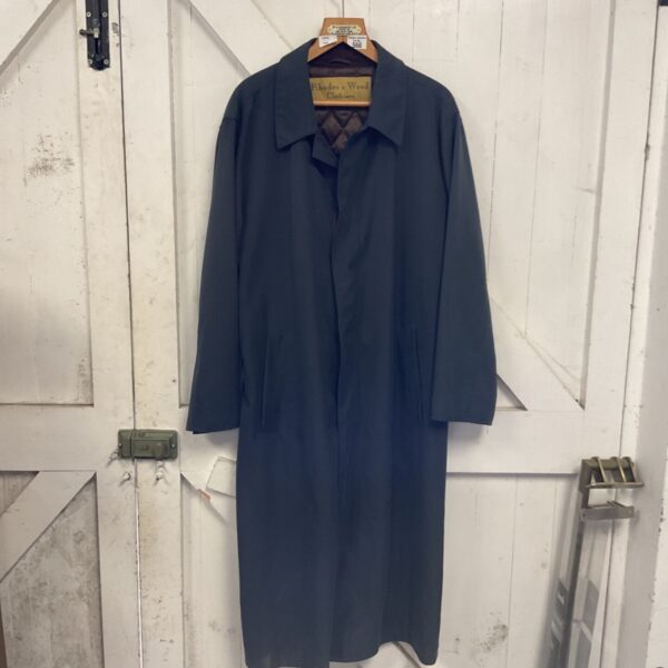 Rhodes Wood Clothiers full length quilted overcoat, front view.