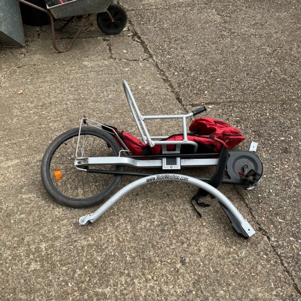 Rideweehoo bike trailer, single wheel, cycling accessory.