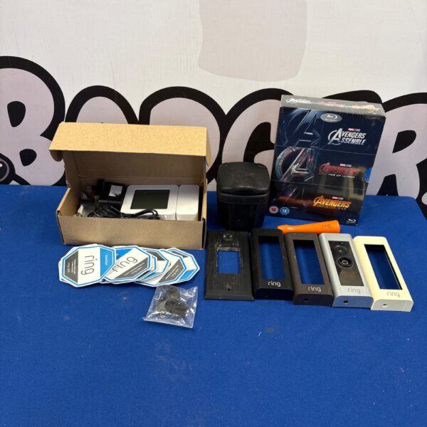Ring doorbell camera and Avengers DVD set in a mixed lot.