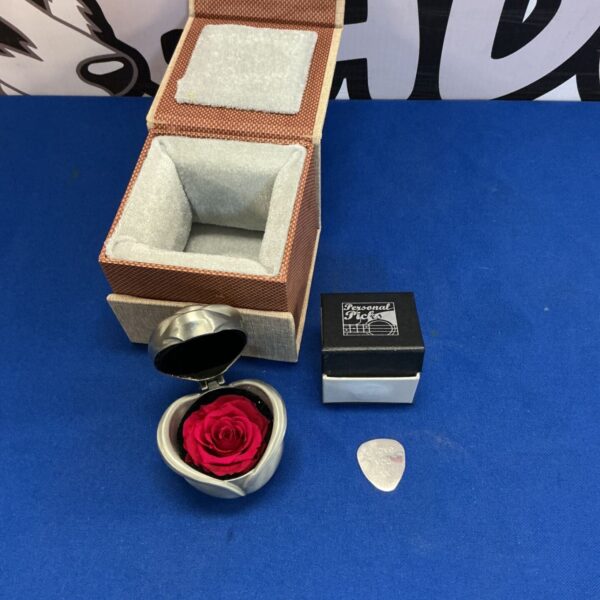 Rose trinket box set with silk rose and guitar pick.
