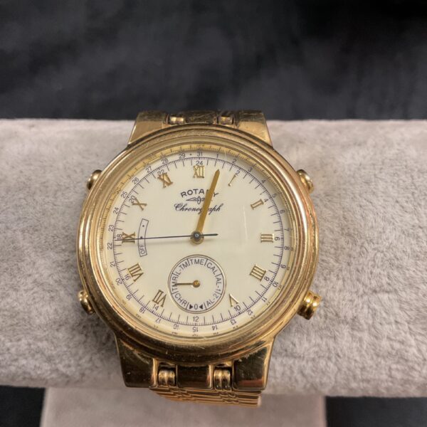 Gold-plated Rotary chronograph watch with white dial.