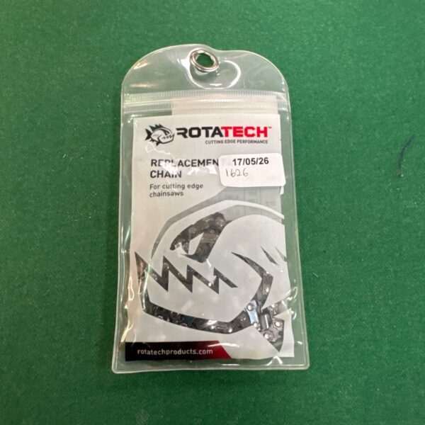 Rotatech chainsaw chain in sealed packaging, showing product details.