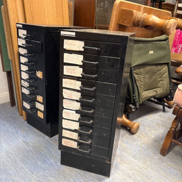 Vintage Ryman metal filing unit with multiple drawers.