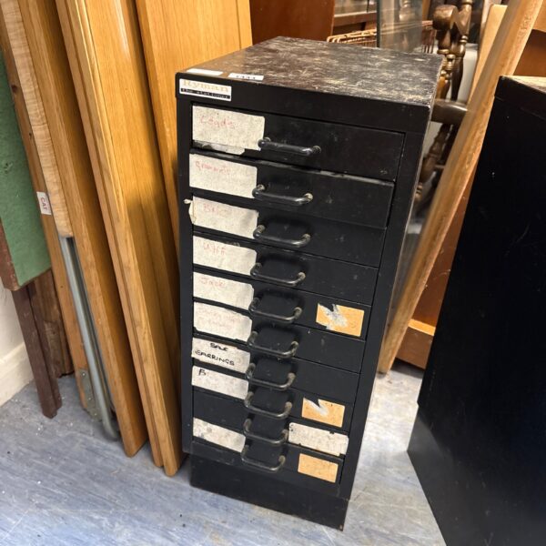 Vintage Ryman metal filing unit with multiple drawers for office storage.