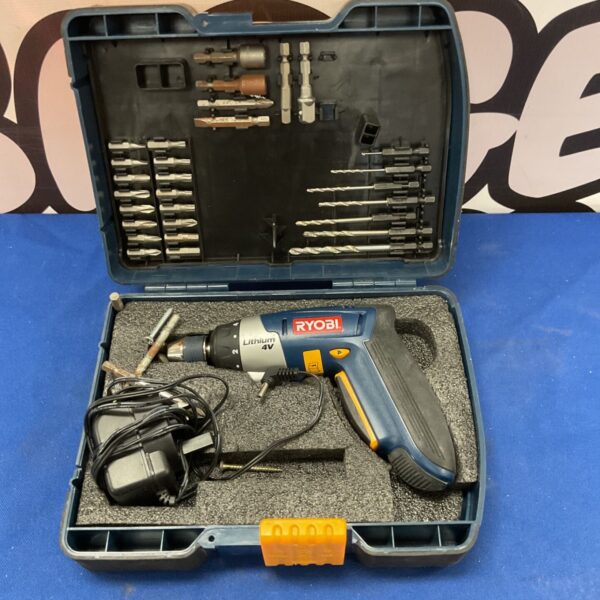 Ryobi 4V cordless screwdriver set with bits and charger in case.