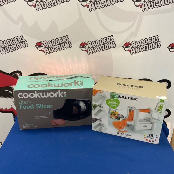 Salter and Cookworks food spiralizer and slicer set for kitchen use.