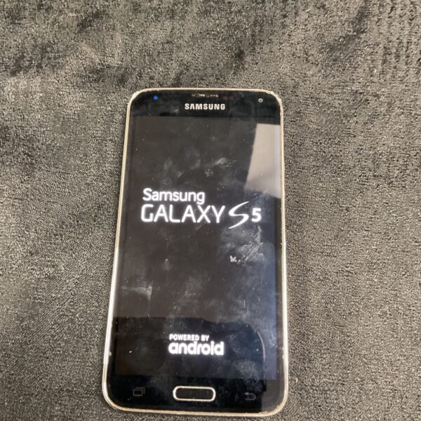 Front view of a used Samsung Galaxy S5 smartphone.
