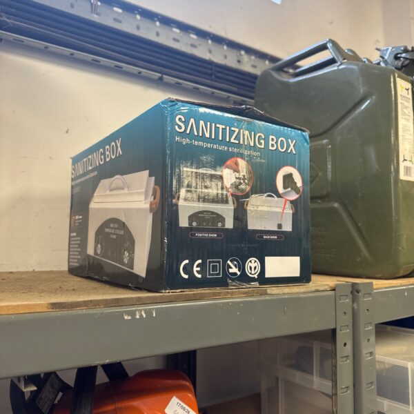 Blue sanitising box with high-temperature sterilisation details.