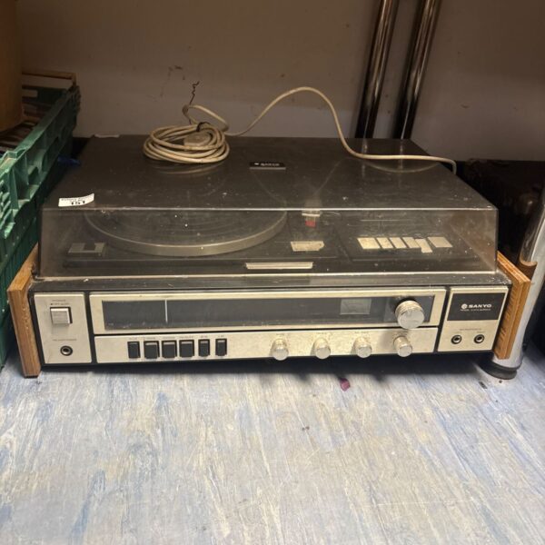 Vintage Sanyo G2711 record player with woodgrain finish.