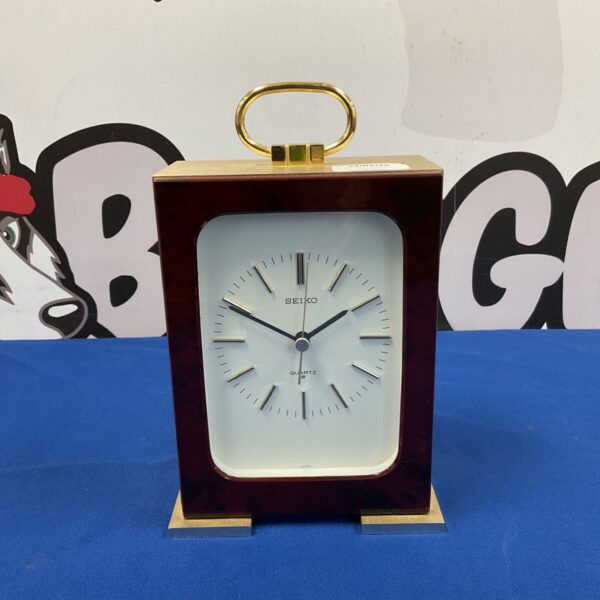 Front view of a vintage Seiko quartz carriage clock.
