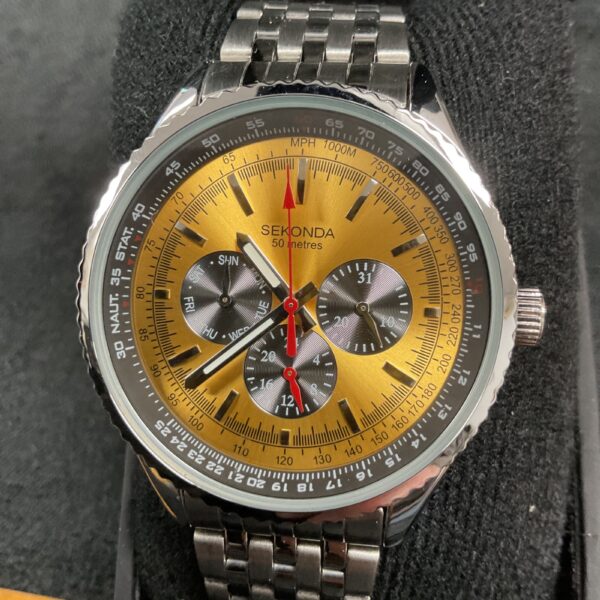 Sekonda Maverick watch with gold dial and stainless steel bracelet.