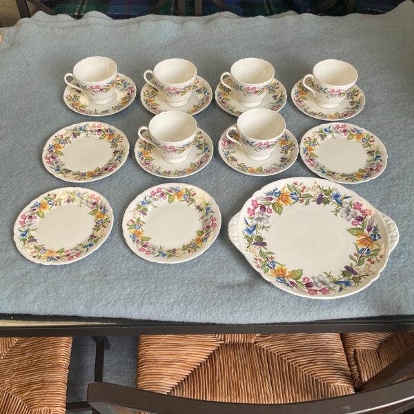 Shelley Spring Bouquet chinaware set with teacups and saucers.