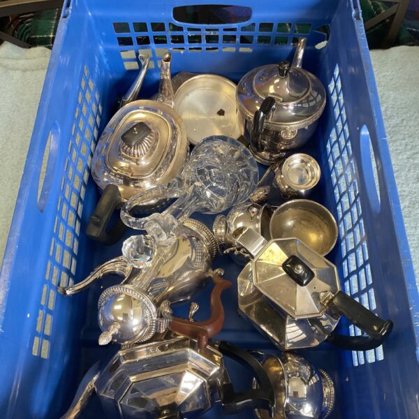 Mixed lot of antique silver plate items and a glass decanter.