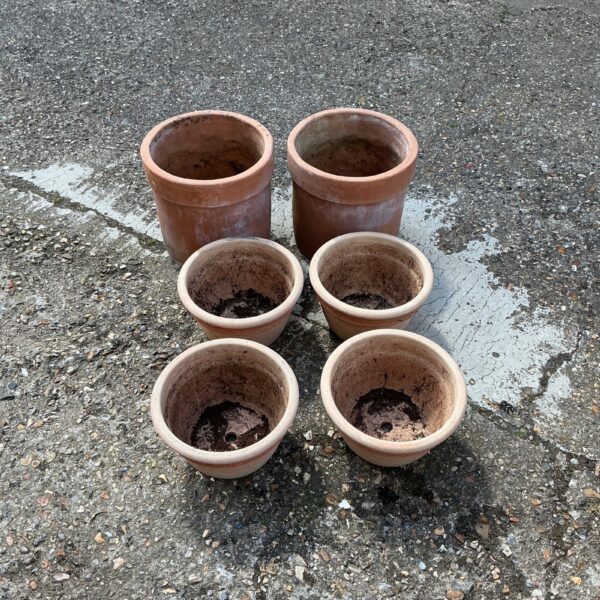 Six weathered terracotta planters for garden plants.