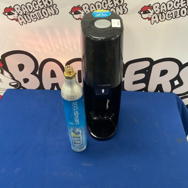 Black SodaStream machine with CO2 cylinder for sparkling water.