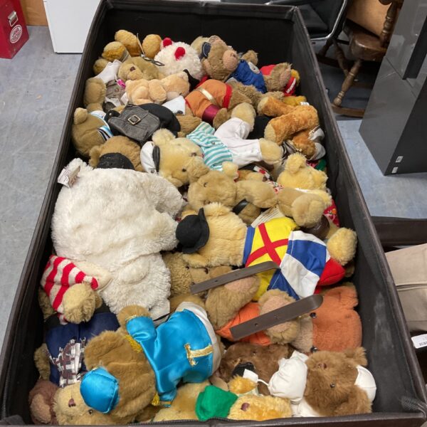 Full box of assorted vintage and modern soft toys, a large plush toy lot.