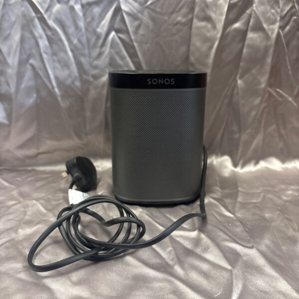 Black Sonos Play 1 smart speaker with power cable.