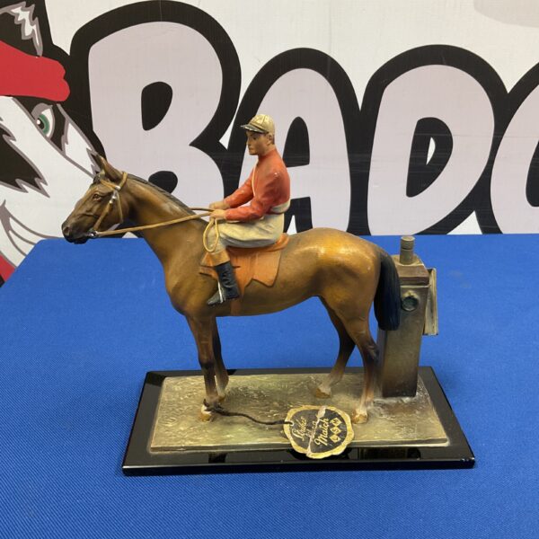 Vintage spelter race horse lighter with jockey, detailed cold paint.
