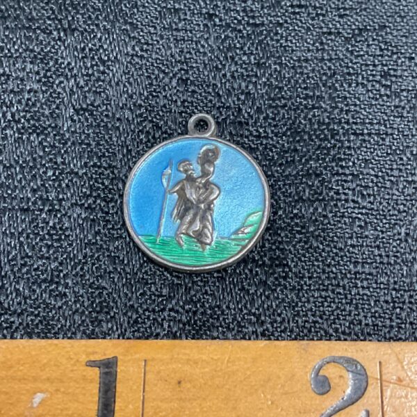 Vintage St Christopher enamel medal with blue background.