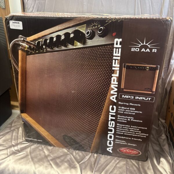Boxed Stagg 20 AA R acoustic guitar amplifier with controls visible.