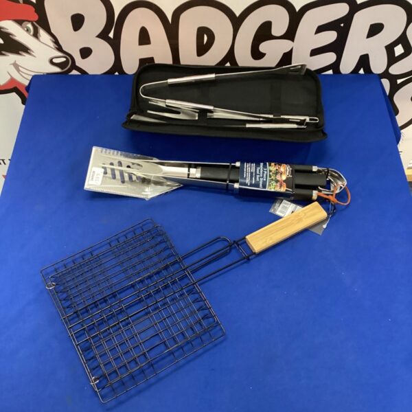 Stainless steel cooking tool kit with burger rack and grilling utensils.