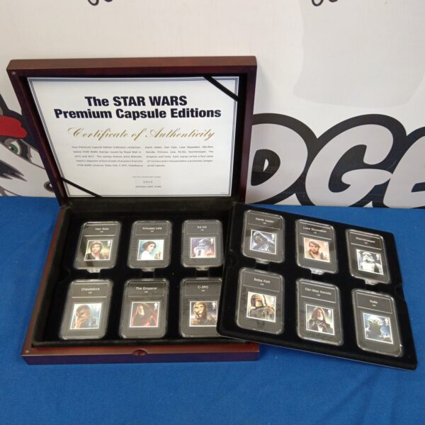 Limited edition Star Wars stamp collection in protective capsules.