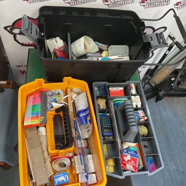 Yellow wheelie toolbox filled with stationery and office supplies.