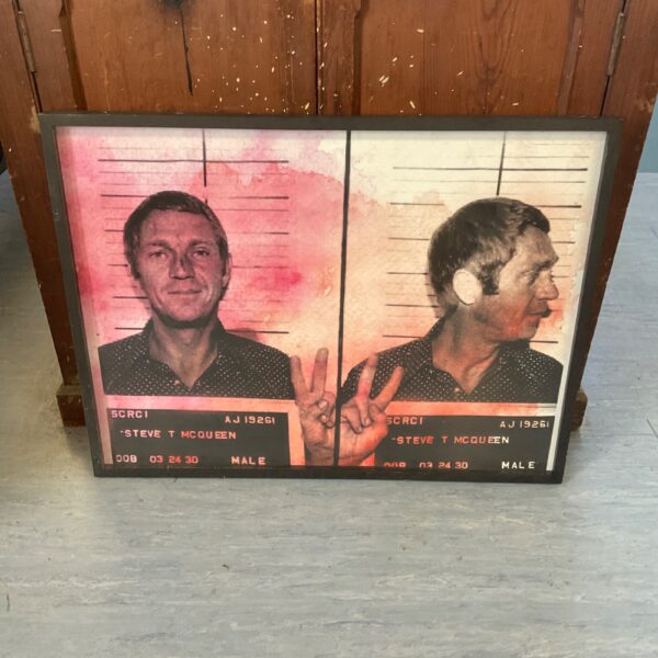 Large Steve McQueen mugshot print, iconic celebrity portrait.