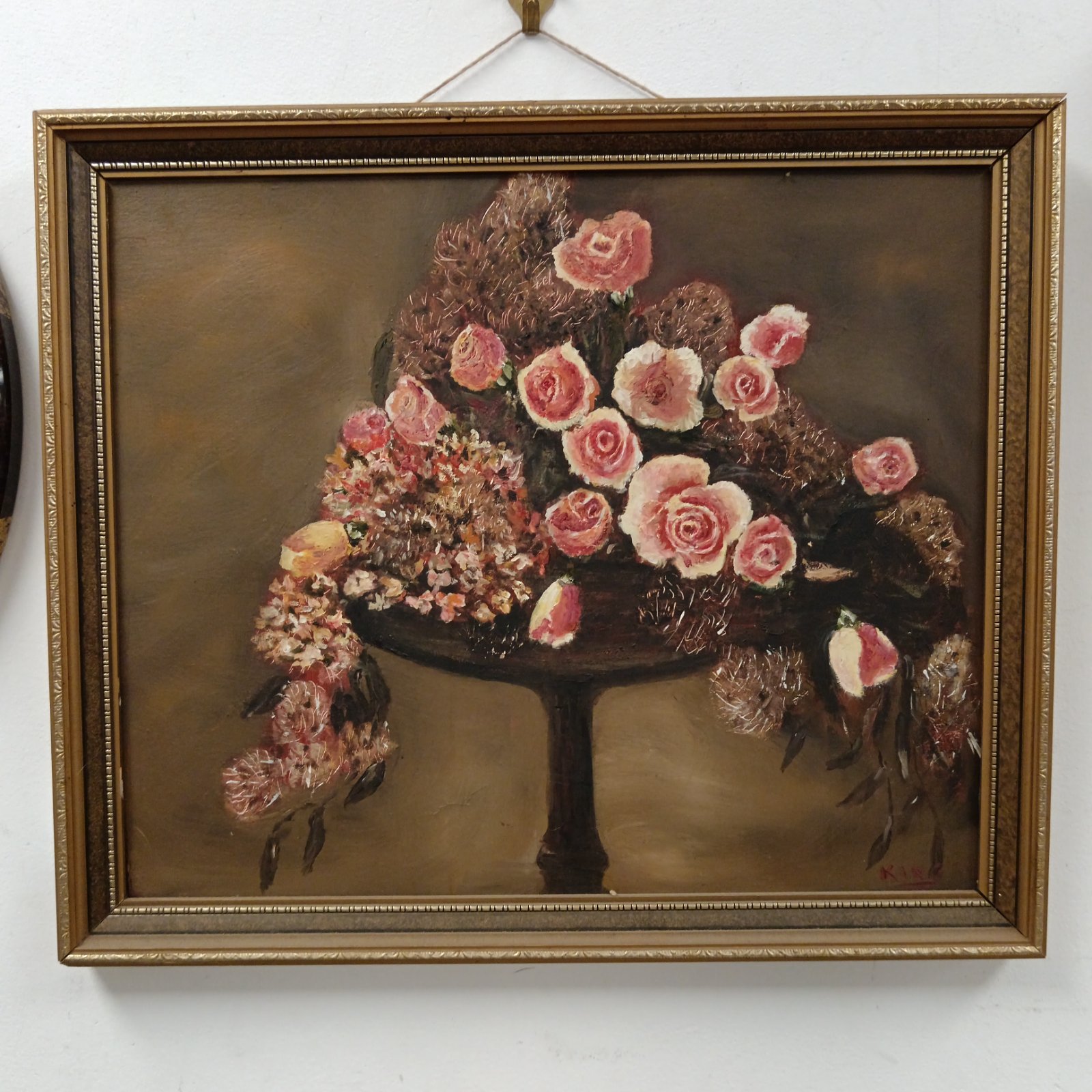 Vintage still life oil painting signed King with pink flowers.