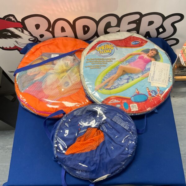 Lot of three colourful inflatable swimming pool floats.