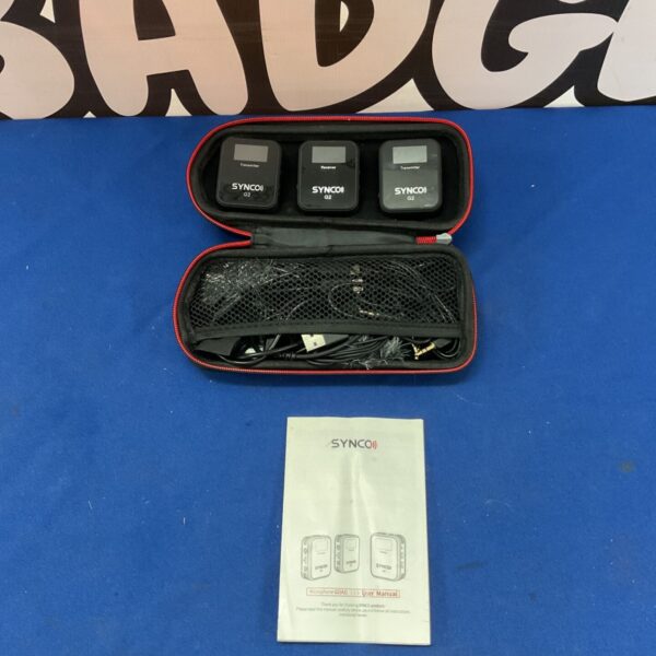 Synco G2 wireless microphone system with transmitters and receivers displayed.