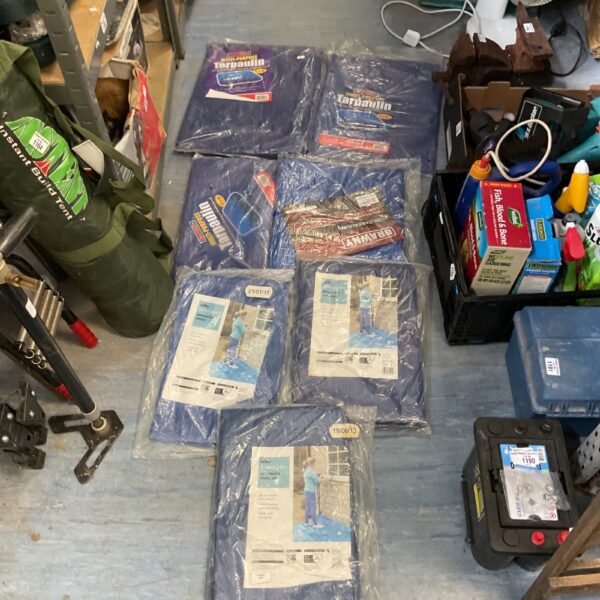 Lot of seven sealed tarpaulin sheets for garden and DIY projects.