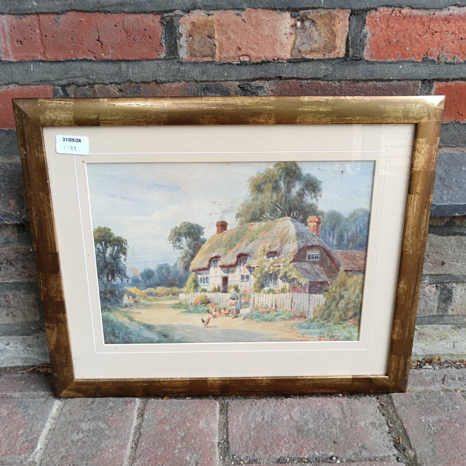 Signed Terry watercolour painting of a thatched cottage and chickens.