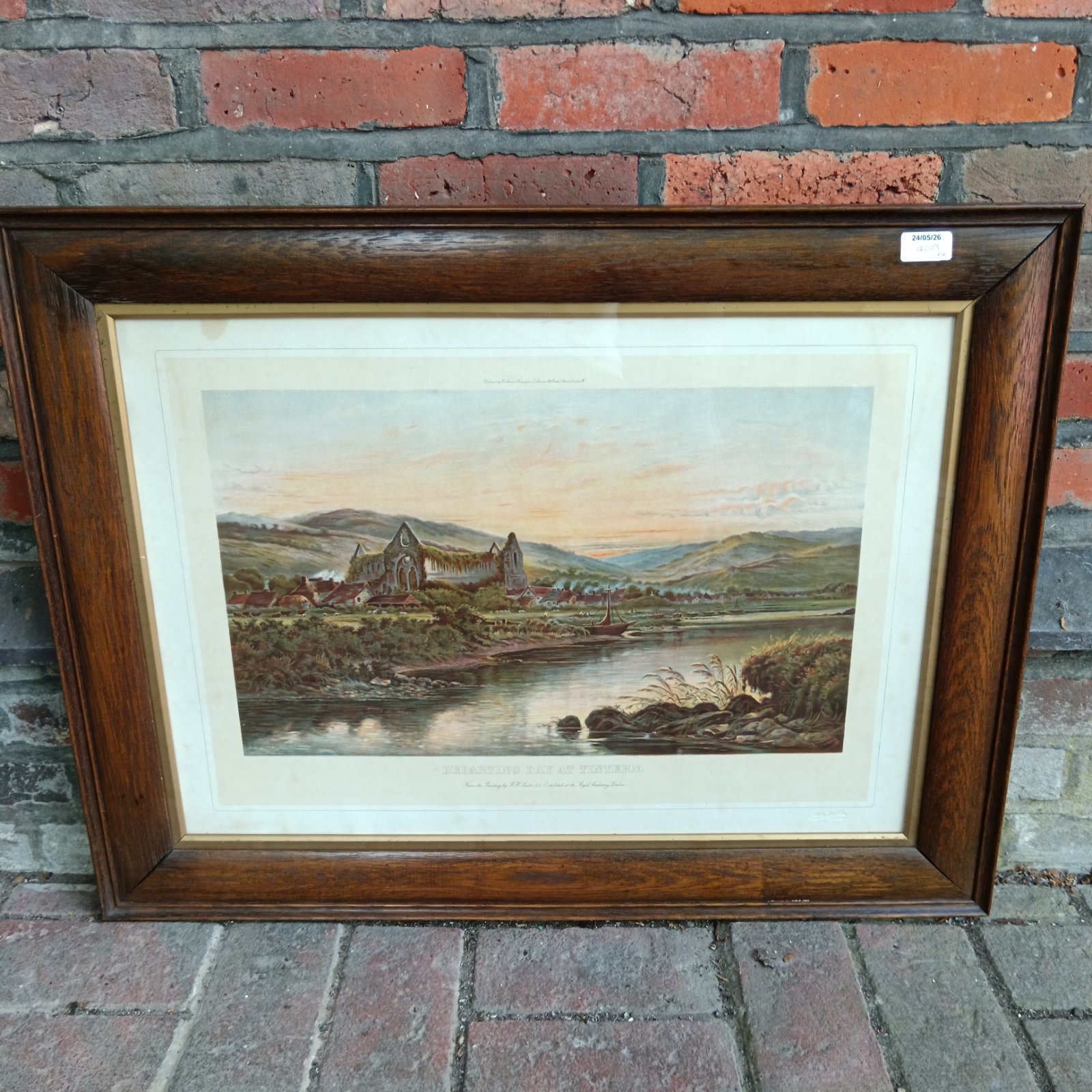 Large framed Victorian print of Tintern Abbey landscape by R.W. Leader.