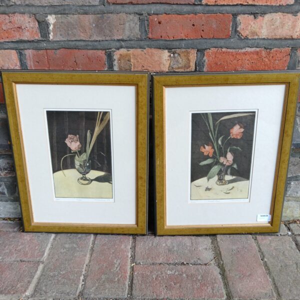 Signed T M Kinney floral still life woodblock print in a frame.