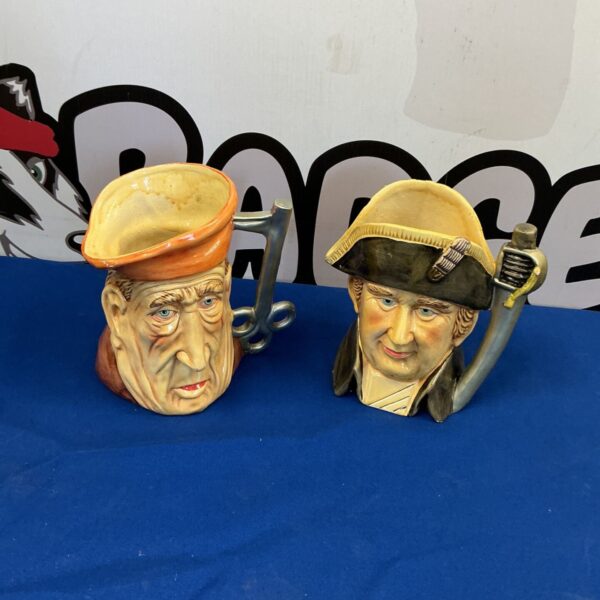 Vintage Toby jugs pair, detailed character jugs, Staffordshire pottery.