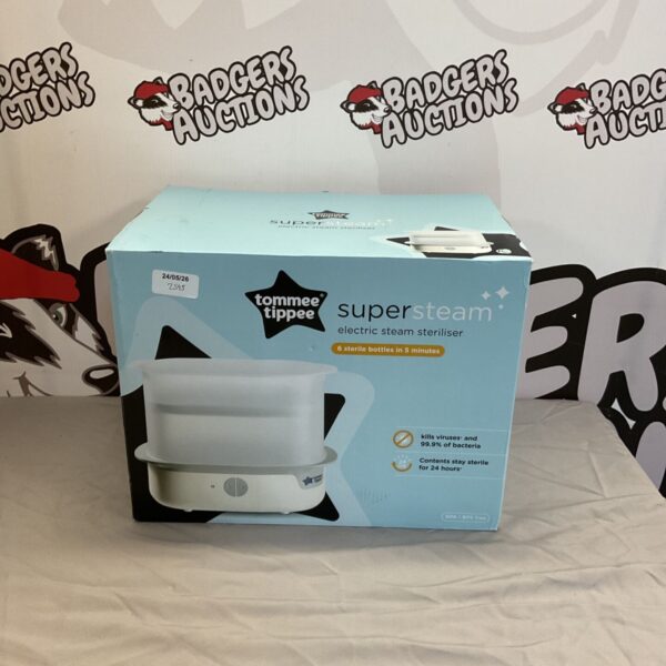White Tommee Tippee Super Steam electric steam steriliser for baby bottles.