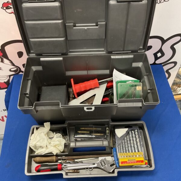 Open toolbox displaying a variety of hand tools inside.